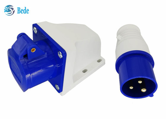 ขั้วต่ออุตสาหกรรม 220-250V 16A ตัวผู้และตัวเมีย เฟสเดียว 2P+E สีน้ำเงิน แบบติดตั้งบนผนัง