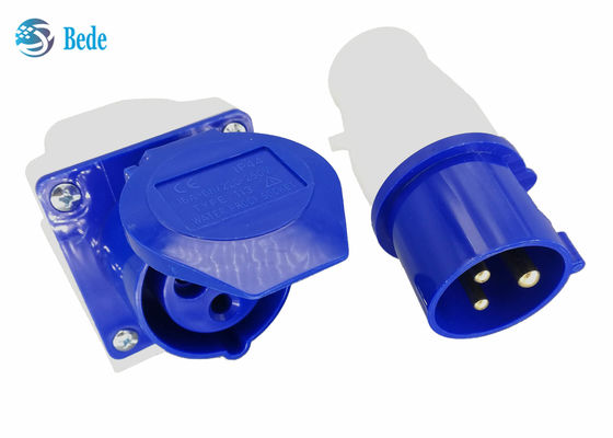 ขั้วต่ออุตสาหกรรม 220-250V 16A ตัวผู้และตัวเมีย เฟสเดียว 2P+E สีน้ำเงิน แบบติดตั้งบนผนัง