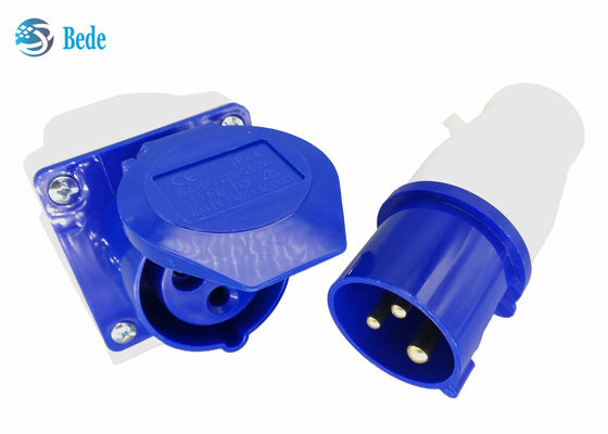 ขั้วต่ออุตสาหกรรม 220-250V 16A ตัวผู้และตัวเมีย เฟสเดียว 2P+E สีน้ำเงิน แบบติดตั้งบนผนัง